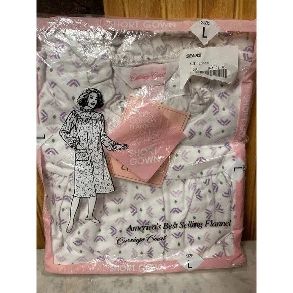 VTG Sears Carriage Court Short Flannel Nightgown Size L Purple Cotton NWT - Picture 2 of 7